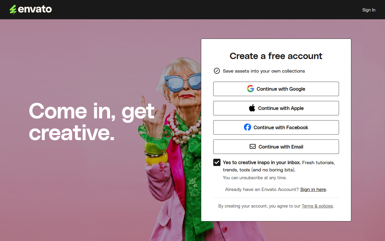 Envato Elements 公式の無料アカウント作成ページ