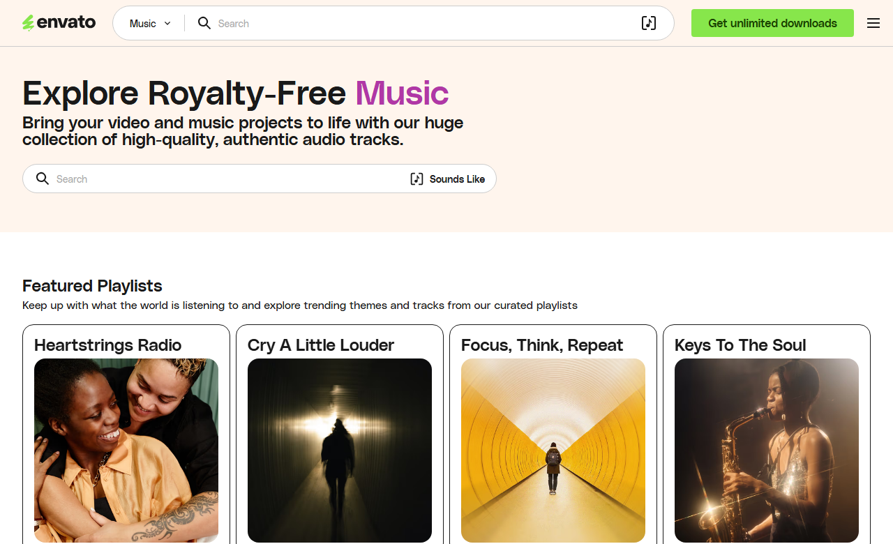 Envato Elementsの音源カタログ画面。検索バーとFeatured Playlistsが並ぶ