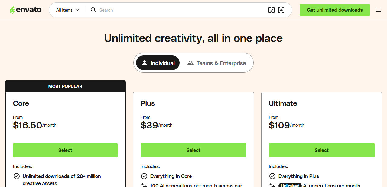 Envato Elementsの料金プラン。Core16.50ドル・Plus39ドル・Ultimate109ドルの3プランを比較