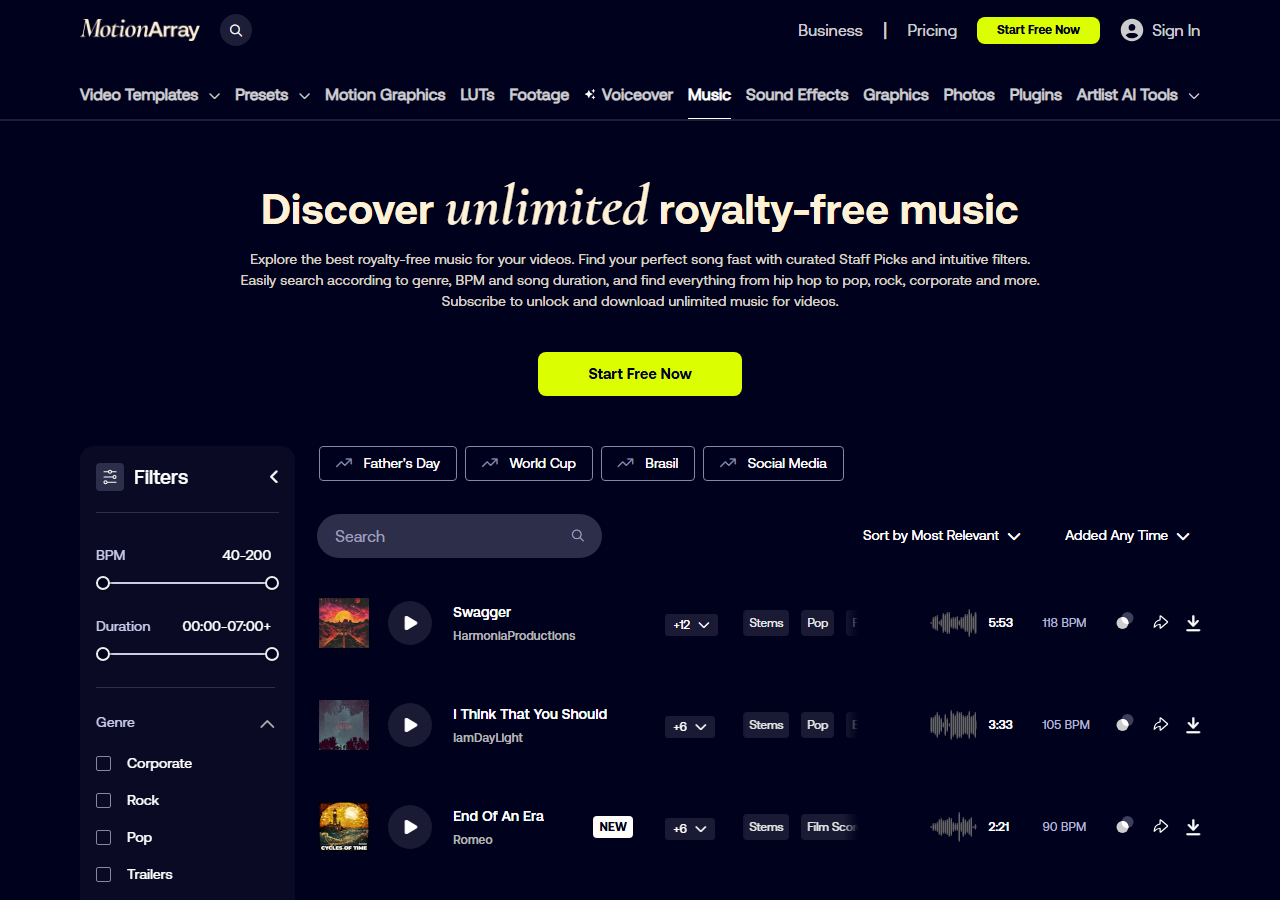 Motion Arrayの音楽カタログ画面とフィルタとトラックリスト