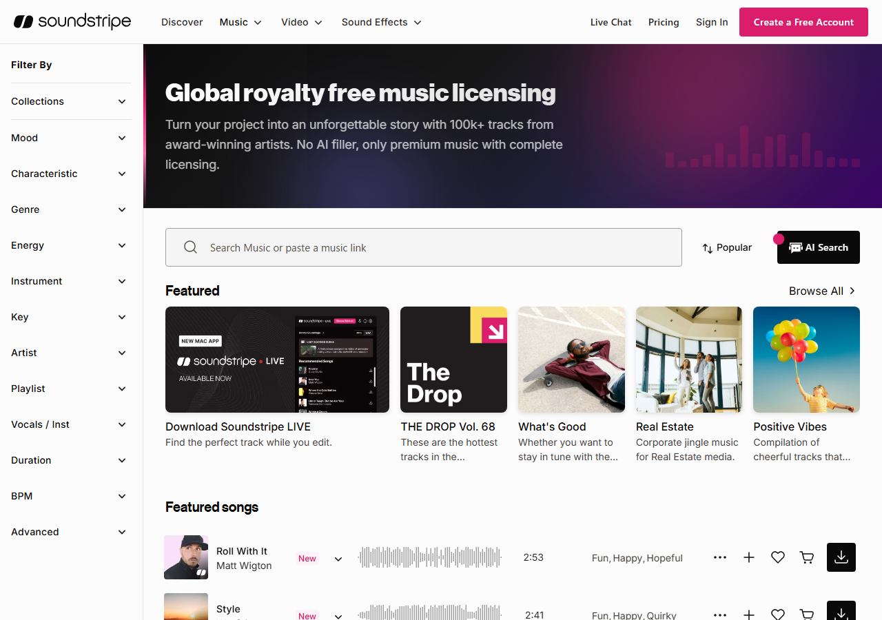 Soundstripeの音楽ライブラリ画面とサイドバーの絞り込みフィルタ