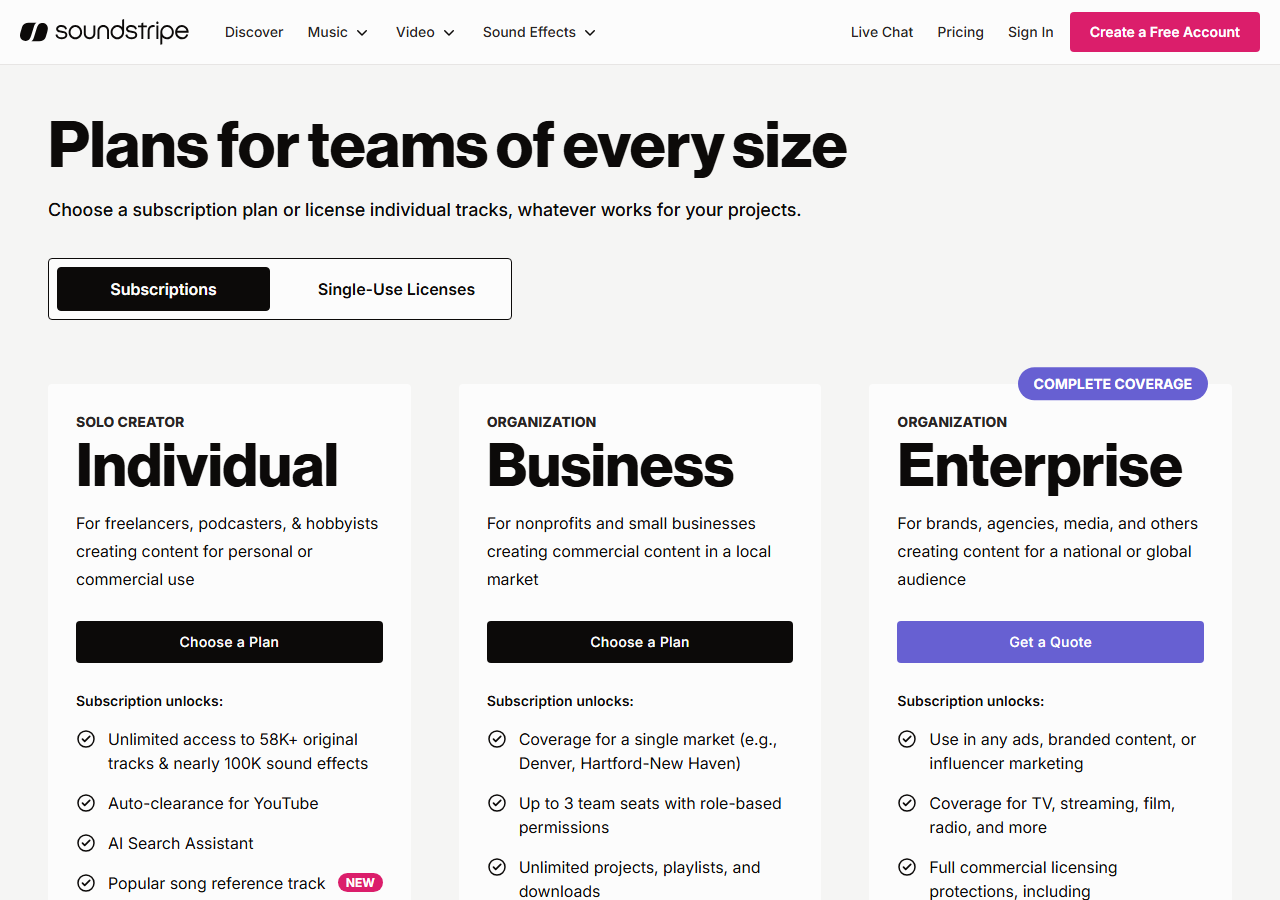 Soundstripe公式の料金プラン比較画面IndividualとBusinessとEnterpriseの3カテゴリ