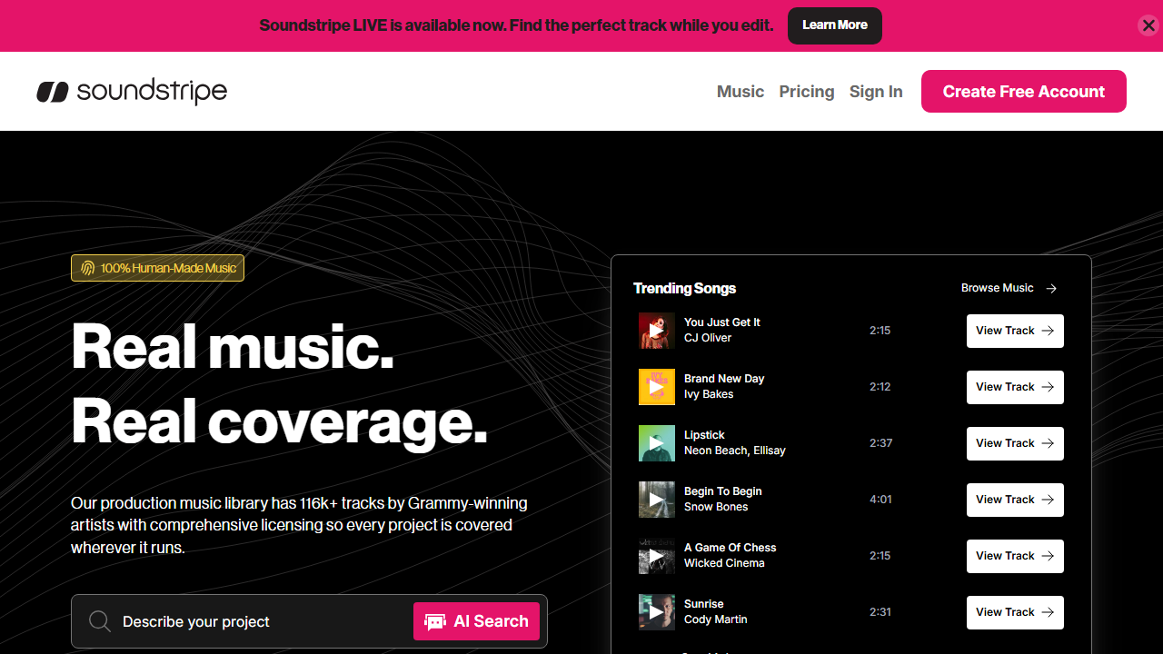 Soundstripe公式トップページのヘッダーとCreate Free Accountボタン