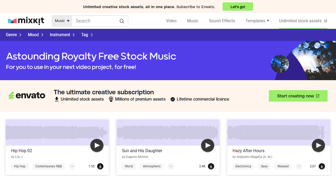 Mixkitの無料BGM一覧ページ。ロイヤリティフリー楽曲が試聴とダウンロードのアイコン付きで並ぶ