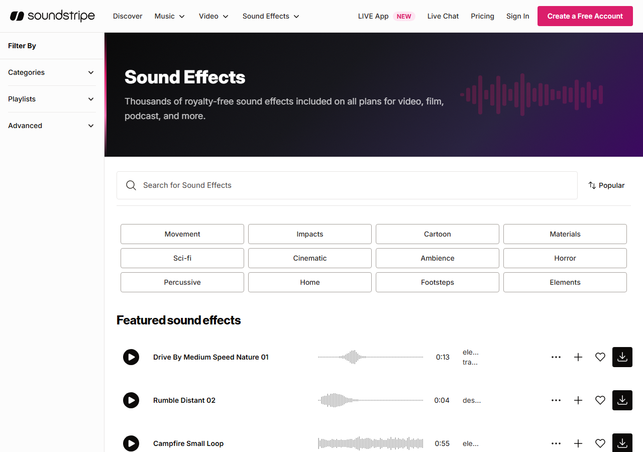 Soundstripeの効果音ライブラリ画面(検索窓・カテゴリー・ダウンロードボタン)